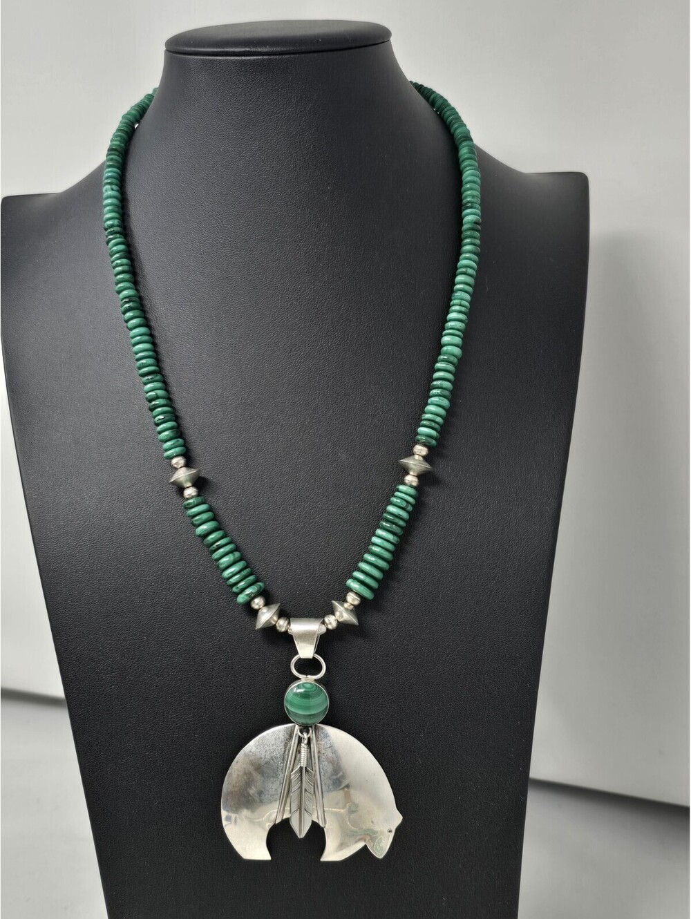 Lena Platero Sterling Malachite Bear Necklace 22" Navajo